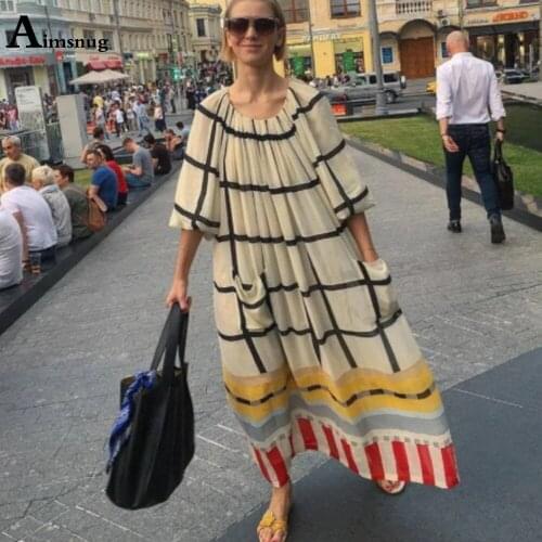 Aimsnug 2021 Summer Ladies Elegant O-neck Long Maxi Dress Half Sleeve Plaid Dresses Plus size Women Casual Loose Dress Femme