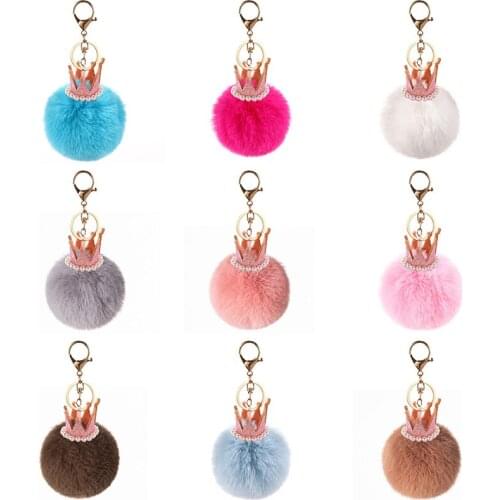 Fluffy Rabbit Fur Ball Keychain Pearl Crown Key Chain Fur Pompons Keychain Fur Pompom Keychain Car Handbag Gift Accessories