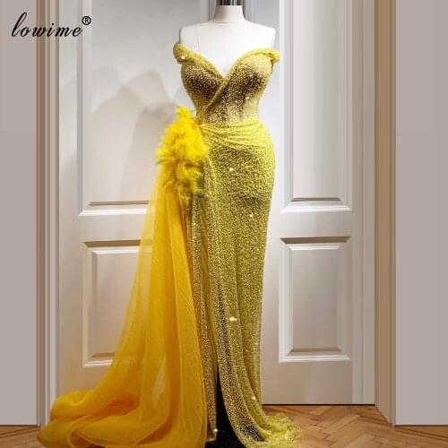 Plus Size Yellow Cocktail Dress Party Turkish Prom Dress Long Mermaid Evening Gowns 2020 Abendkleider Feathers Suknia Slubna