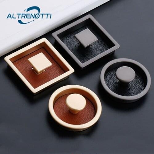 Door Pull Cabinet Drawer Handle Round Square Leather Hidden Embedding Insert Kitchen Cupboard Wardrobe Dresser Closet Knob Metal