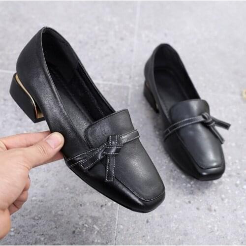 Bottom Pumps Autumn New Flat Bottom Womens Soft Leather Authentic Leather Low Heel Leather Shoes Shallow Mouth Four Seasons