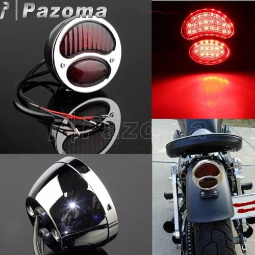 12V Chrome Steel Tail Light LED Rear Round Brake Lamp For Harley Dyna Cafe Racer Bobber Cruisers Chopper Red Running Taillight