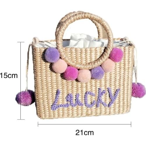 New Arrival 2021 Women Handbags Tote Plush Ball Embroidery Straw Handwoven Designer Messengr Bags Travel Beach Purse Lucky Print