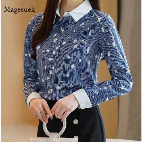 2020 Autumn Long Sleeve Striped Chiffon Women Blouse Cardigan Print Patch Stitching Turn-down Collar Clothing Blusas 10888