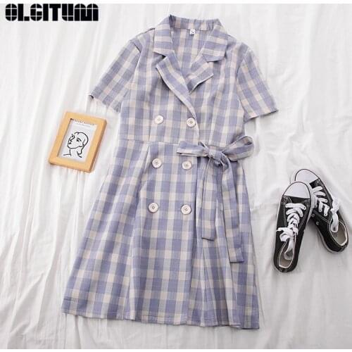 2020 Summer New Women Dress Notched Slim Purple Bow Knot Plaid Dress Casual Loose Button Mid Calf Dress Femme