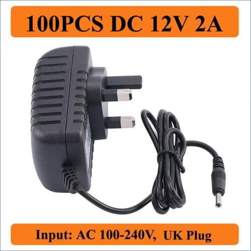 100PCS 12V 2A UK Plug AC DC Adapter AC 100V-240V Converter Adapter DC 12V 2A 2000mA Power Charger Supply 5.5mm x 2.1-2.5mm