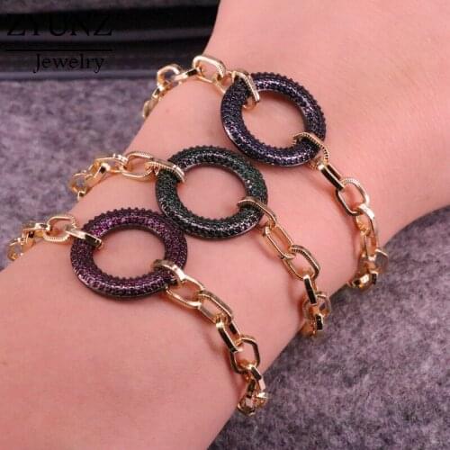 4PCS, Charm Multi-color CZ Circle Bracelet Chain, Oval Link Chain Bracelet, Gold Color Charm Bracelets for Women or Girls