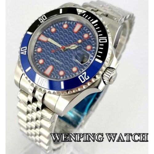 Bliger New 40mm Mens Watch Silver Case Sapphire Glass Ceramic Bezel Blue Sterile Dial Date Window Luminous Mens Automatic Watch