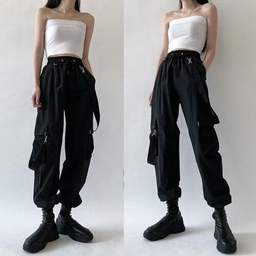 Summer Womens Fashion Plus Size Pants Black Vintage Streetwear High Waist Drawstring Sweatpants Strap Decoration Jogger Sports