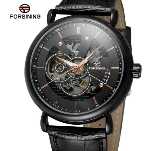 FORSINING Fashion trend casual simple men black dial black case black leather strap automatic mechanical watch holiday gift