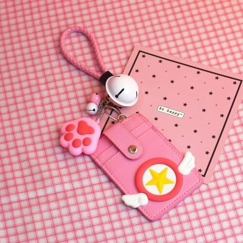 Cartoon Card Captor Sakura Anime PU Creative Keychain Bag Pendants Student Bus Credit Card Holder Set Pink Card Cover Chain Case