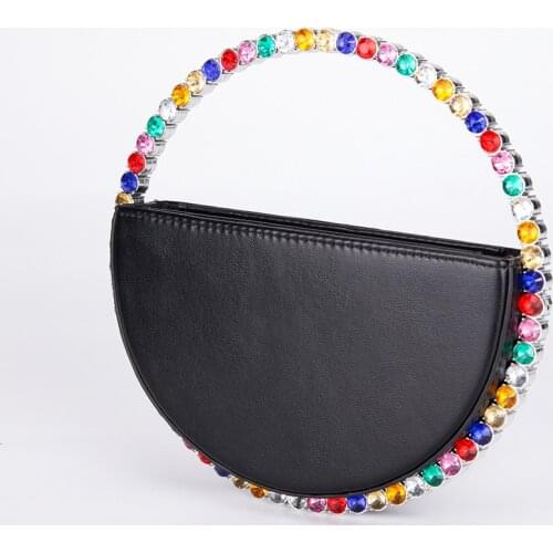 Ladies Half Moon Handbag Fashion Colour Diamond Circular Evening Bag Women 2021 New Round Handle Rhinestone Dinner Clutch Purse