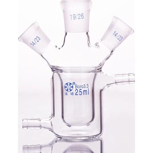 Double-deck cylindrical three-necked bottom flask 25ml,Middle joint 19/26,lateral joint 14/23,Mezzanine jacketed reactor bottle