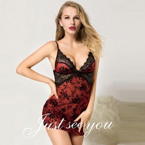 Black Lace&Red Mesh Floral Pattern Spaghetti Strap V Neck Exotic Dresses Women Night Dress Sexy Lingerie Hot Babydolls Chemises