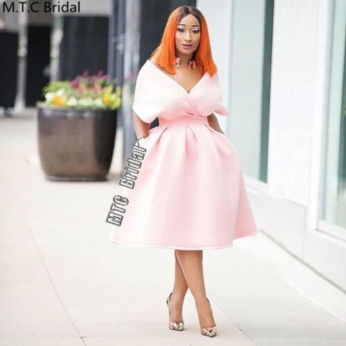 Short Pink Prom Dresses Off The Shoulder Half Sleeves Elastic Satin Black Girl Wedding Party Dress Plus Size Graduation Gowns