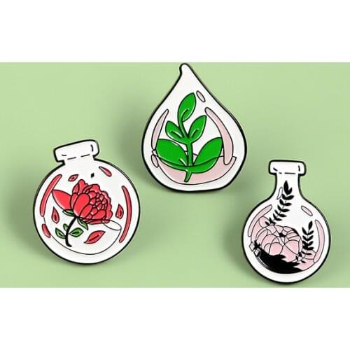 Creative glass bottle flower bottle cute brooches enamel alloy potted cartoon pin For Women
