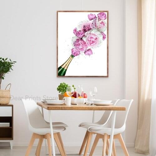 Fashion Champagne Bottle Canvas Painting Wall Pictures Alcohol Poster Pink Flower Champagne Bottle Art Prints Kitchen Decor