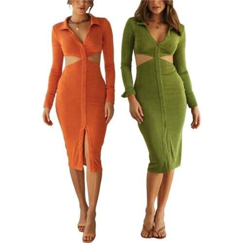 Fashion Single Breasted Turn-down Collar Women Shirt Dress Autumn 2021 Birthday Outfits Cut Out Long Sleeve Dress Vestido