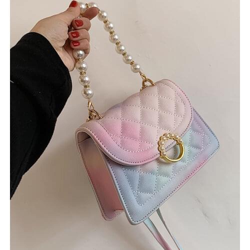 Fashion Pearl Chain Rainbow Shoulder Crossbody Bags for Women Handbag Purses 2021 New Luxury Designer Casual Totes High Quality