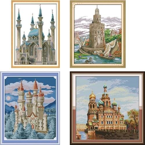 Joy Sunday Blue Castle Cross Stitch Landscape Patterns Aida Fabric DMC Printed Canvas Embroidery Kit Cross Stitching Needles Set