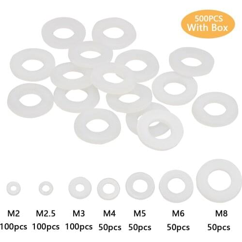 500Pcs M2/2.5/3/4/5/6/8 Seals Gasket Kit White Plastic Nylon Washer Plated Flat Spacer Washer