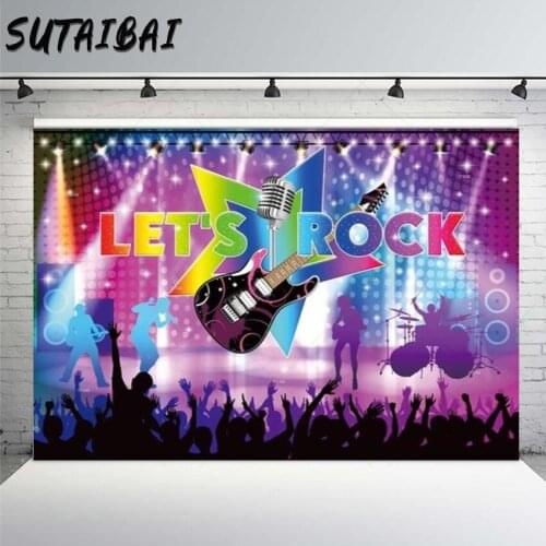 Music Disco Neon Lets Rock Lights Banner Disco Vintage 70s 80s 90s Crowd Guitar Stage Audio Crazy Party Background Photography