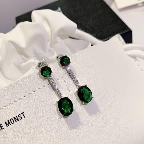 2019 Newest Retro green stud earrings female super flash green crystal zircon atmosphere long earrings Korea for ladies