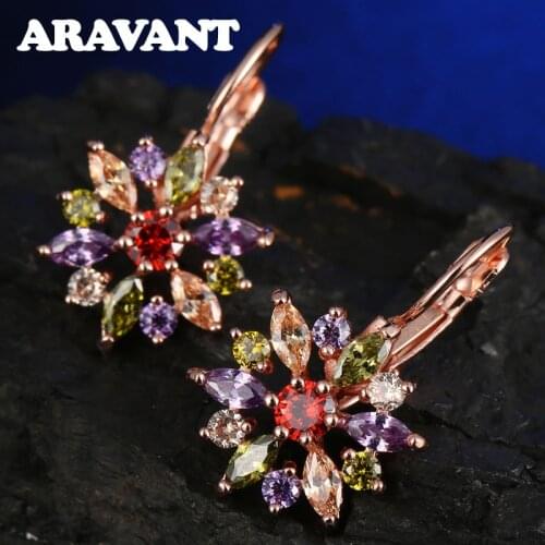 New Fashion Rose Gold Color Earrings Colorful Clear CZ Zircon Beautiful Flower Drop Earrings For Women Wedding Party Jewelry