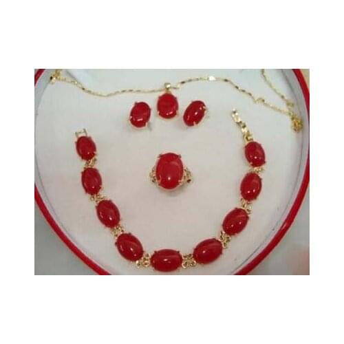 Wholesale nice red Natural Stone 18kgp pendant bracelet stud earring ring (7.8.9) jewelry set