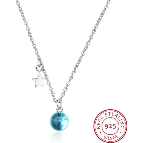 New Beautiful Female Exquisite 925 Sterling Silver Jewelry Star And Blue Ball Crystal Clavicle Chain Pendant Necklaces H373
