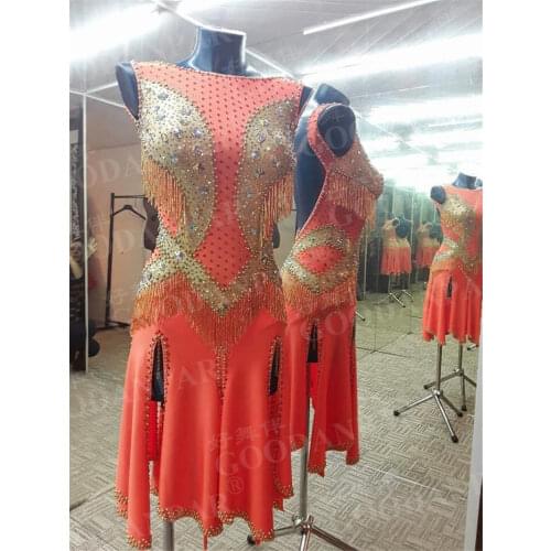 GOODANPAR bead tube Lycra Latin Dance Competition Dresses Women With Bodysuit Bra Cups Salsa Samba Rumba Standard Dance Wear