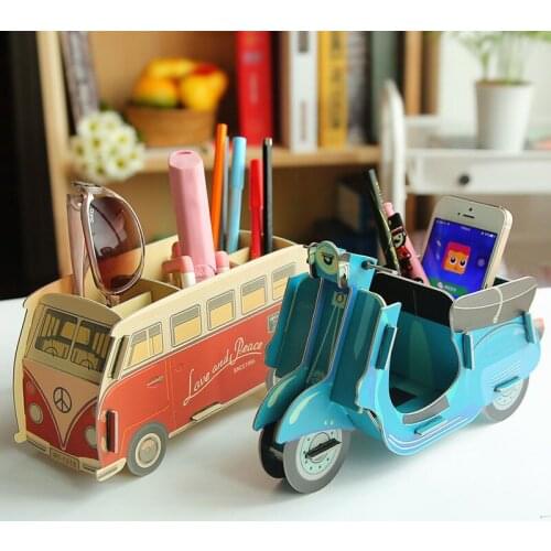Diy Personalized Paper Pen Holder Assembled Home Office Storage Desk Organizer Cartoon Bus Car ChildrenS Birthday Gifts