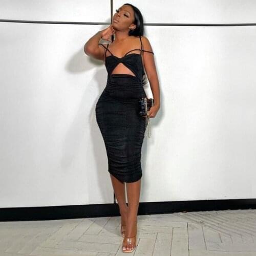 Sexy Spaghetti Strap Summer Dress Women Clothes Night Club Hollow Out Backless Bodycon Midi Dress Black Ruched Long Party Dress