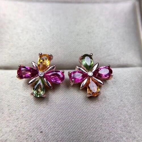 Natural Multicolor tourmaline stud earrings Natural gemstone Elegant clover earrings 925 silver women girl party gift jewelry