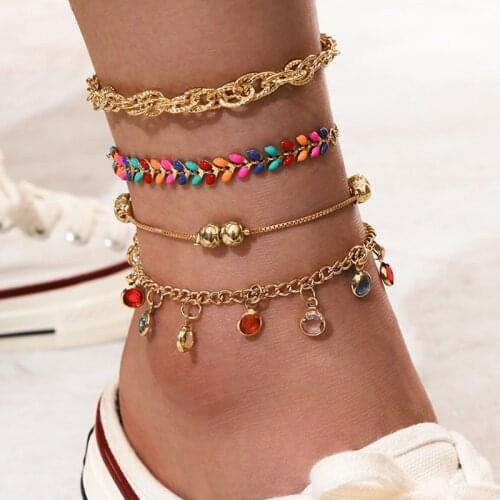 Bohemian 4 Pcs/Set Colorful Crystal Gem Anklets for Women Vintage Beads Gold Chain Tassel Anklets Set Barefoot Sandals Jewelry