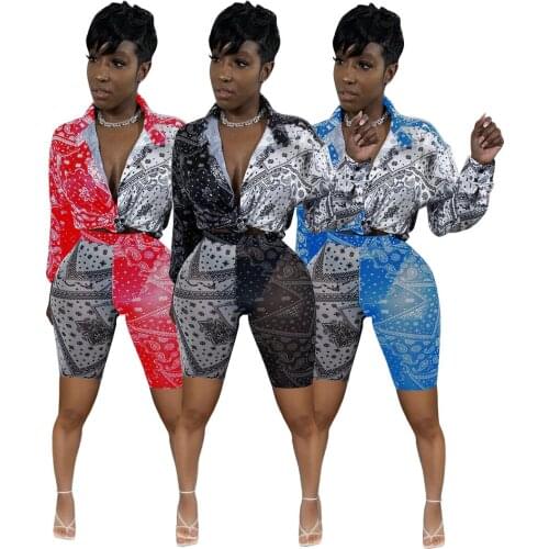 Autumn Patchwork 2 Pieces Bandana Outfit Women Long Sleeve Turn Down Collar Top Shirt and Biker Shorts Casual Tracksuit Sets