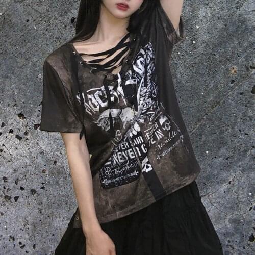 Lady Gothic Skull Eagle Print Eyelet V Neck T-shirt Punk Women Harajuku Thin T Shirt Summer Lace-up Top Korean Fashion Cloth