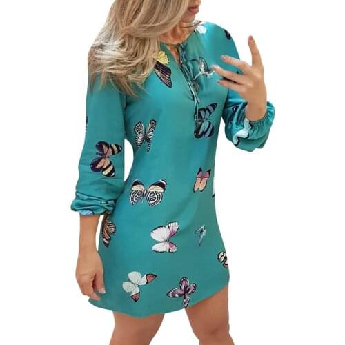 Women Butterfly Print Mini Lace up Hollow out Neck Dresses Female Fashion Long Sleeve Short Dresses Autumn Spring Party 2020