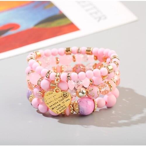 Boho Pink Beaded Bracelet Set Women Fashion Accessories Pulseras Feminina Heart Pendant Bracelet Jewelry