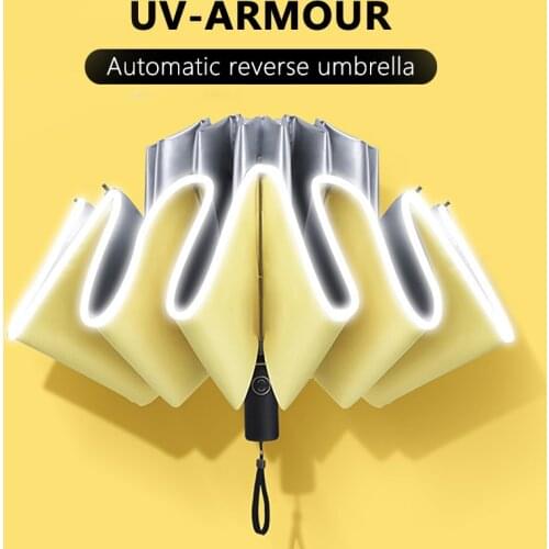 Umbrella female rainproof windproof reflective umbrella female anti-UV umbrella yellow folding automatic umbrella 10k mini
