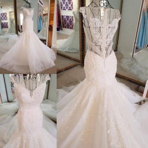 2020 Real Picture Beads Wedding Dress Mermaid Plus Size Lace Appliques Jewel Neck Bridal Gowns