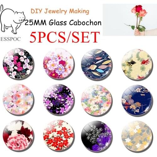 5PCS/SET Fashion Flower Goldfish 25MM Glass Cabochons DIY Handmade for Making Jewelry Making Supplies Accessories