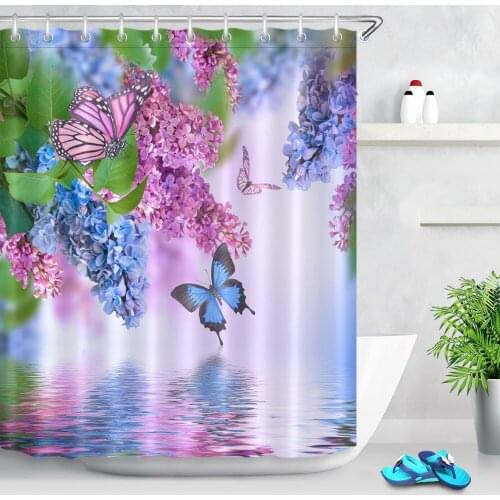 72'' Bathroom Waterproof Fabric Shower Curtain Polyester 12 Hooks Bath Accessory Sets Branch of Lilac Flower Blue Pink Butterfly