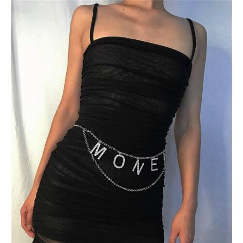 AE-CANFLY Simple Vintage Multi Layered Crystal MONEY Letter Pendant Body Chain Women Waist Belly Chain Belt Jewelry for Party