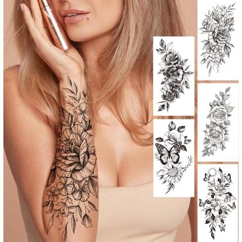 DIY Floral Temporary Tattoo For Women Girls Black Butterfly Rose Flower Tattoos Sticker Fake Sweat Pea Arm Tatoos Body Art
