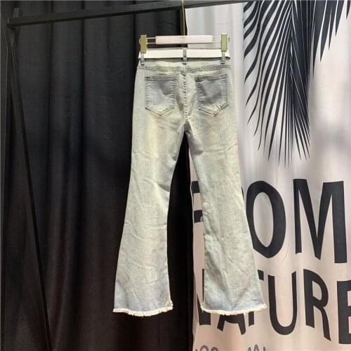 Fashion Chic Flare Jeans Woman Spring Summer High Waist Beading Embroidery Denim Ankle-Length Pants Vintage Blue Tassel Jeans