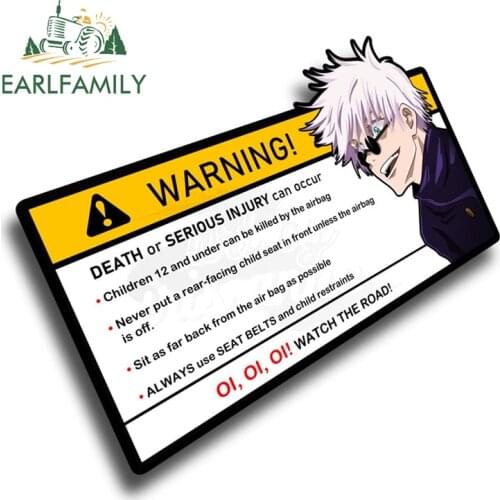 EARLFAMILY 13cm x 9.1cm Cartoon Anime Jujutsu Kaisen Car Sticker for Gojo Satoru Warning Decal Anime Vinyl JDM Window Stickers