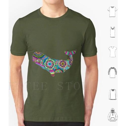 Electric Whale T Shirt DIY Big Size 100% Cotton Whale Mandala Henna Design Psychedelic Neon Colorful Zendoodle Ink Floral