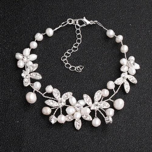 SLBRIDAL Handmade Wired Trendy Charm Freshwater Pearls Crystal Rhinestones Fashion Women Girls Bracelet Wedding Bracelet Bangle