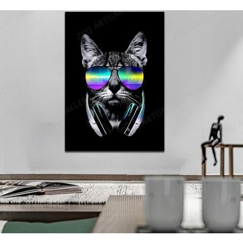 DJ Cat Animal Wall Art Canvas Painting Posters Prints Wall Pictures For Living Room Decoration Wear Sunglasses With Headphones